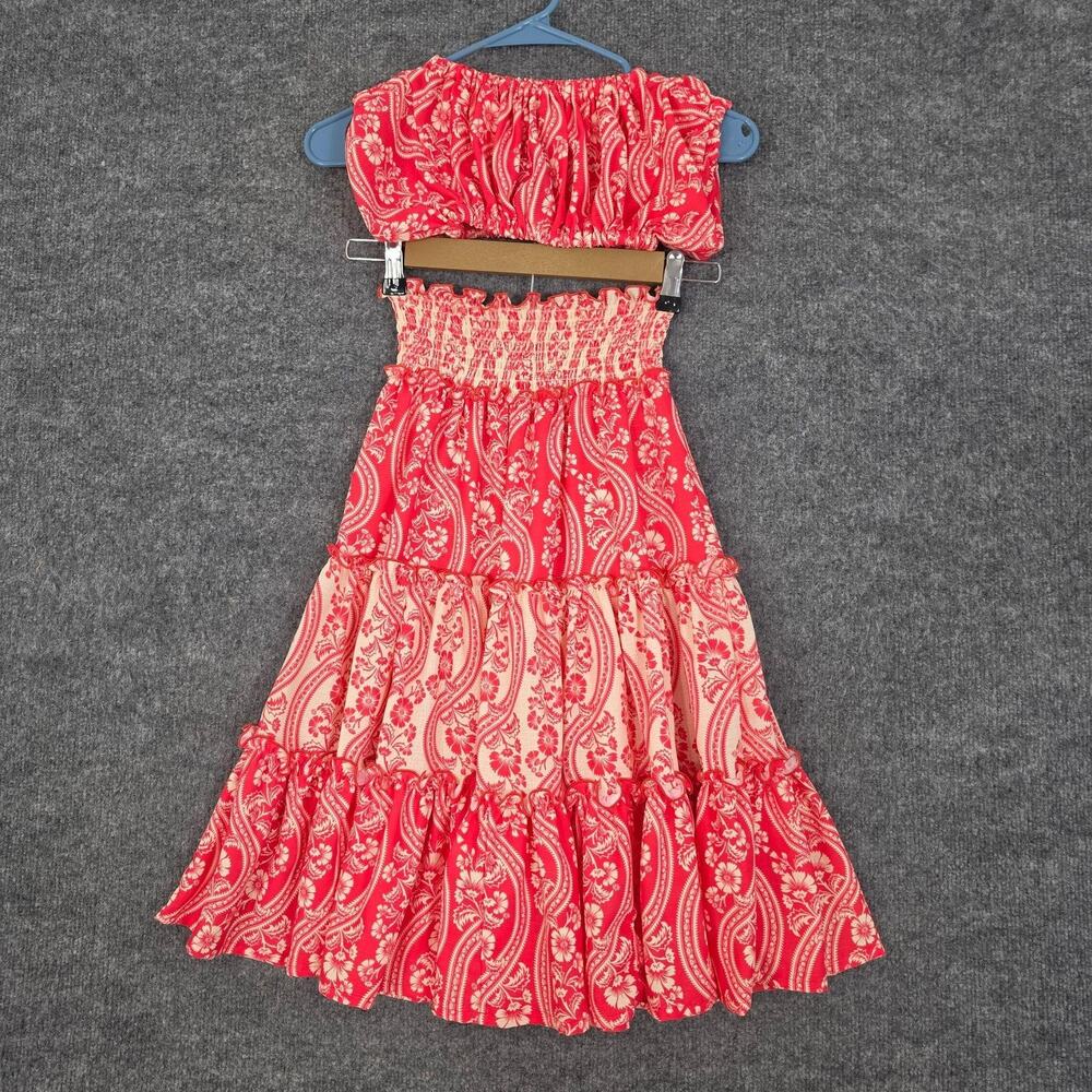 Agua Bendita Set 4 Off Shoulder Crop Top Tiered Maxi Skirt Red Paisley Boho Cute